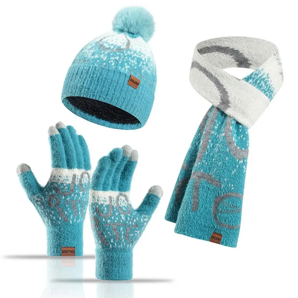 Skiing Hat Glove Set 3-piece Unisex Christmas Knit Set Beanie Scarf Gloves Warm Winter Gift Dome Neck Wrap Thick Jacquard