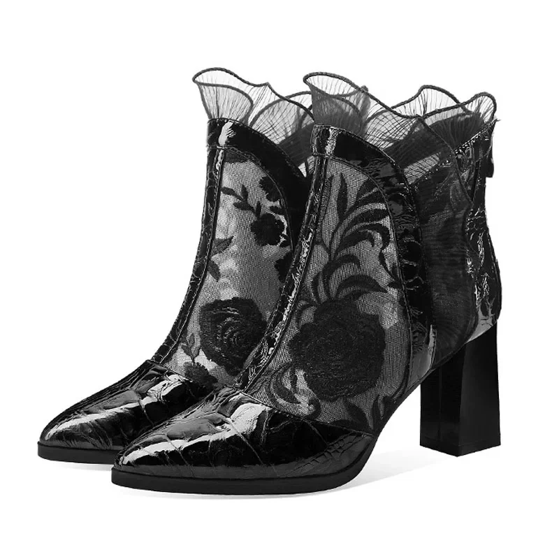 High Heels Women Sexy Embroidered Floral Mesh Thin Boots Elegant Dress Shoes Lady Heels Pointed Toe Square Heel Zip Ankle Boots view 5