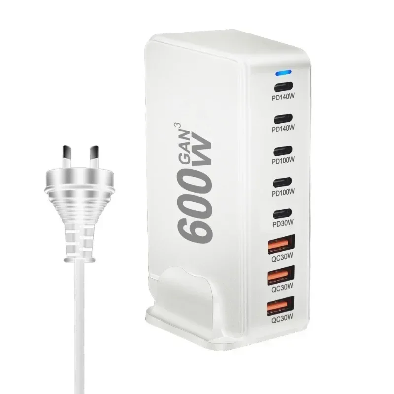 Novo carregador 600W GaN Fast Charge 3.0 USB-C com 8 portas 5C3A PD, portátil e adequado para tablets