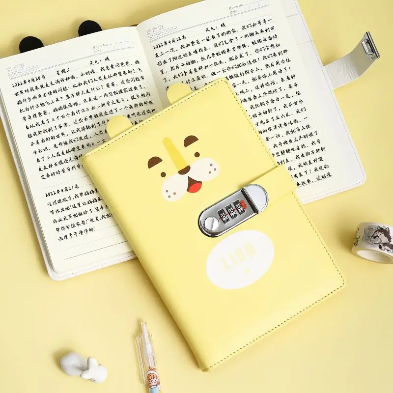 A5 Password Book, Lockable Diary, Simple Literary and Artistic Girl Animal Expression Cute Password Lock Hand Account Notebook.