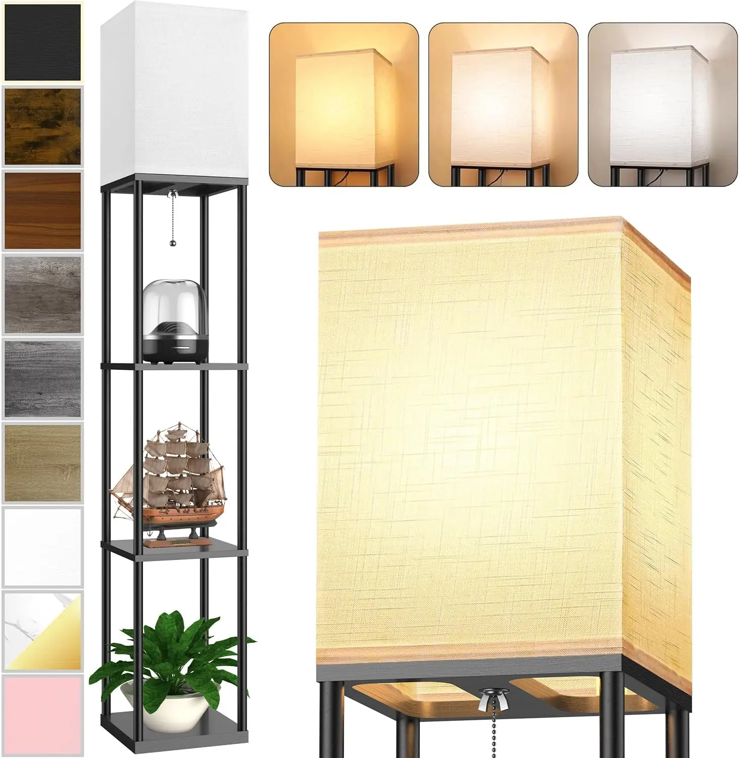 Modern Floor Lamp with Shelves, 3 CCT LED Bulb, White Linen Shade for Living Room or Bedroom