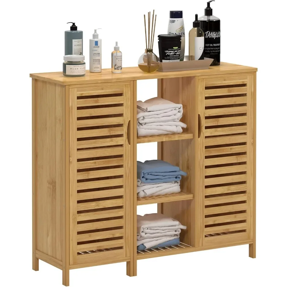 

Bathroom Storage Cabinet, Floor Cabinet with 2 Doors and 3-Tier Open Shelf, Standing Cabinet for Living Room