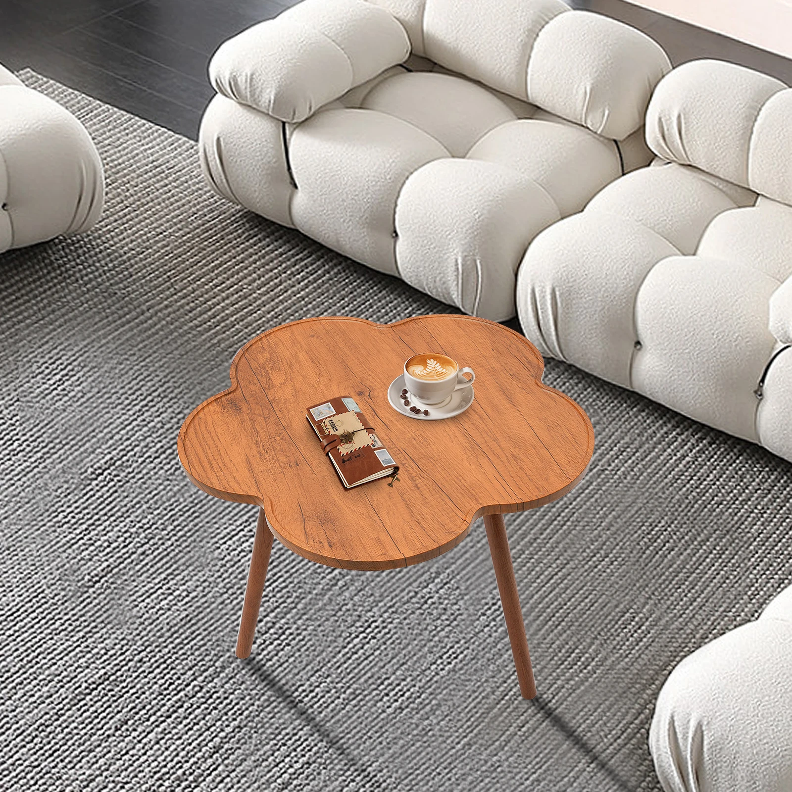 23.6 Inch Wooden Coffee Table Log Color 3 Legs Tea Table Flower Shape Tabletop Small Modern Furniture Living Room&Home Office