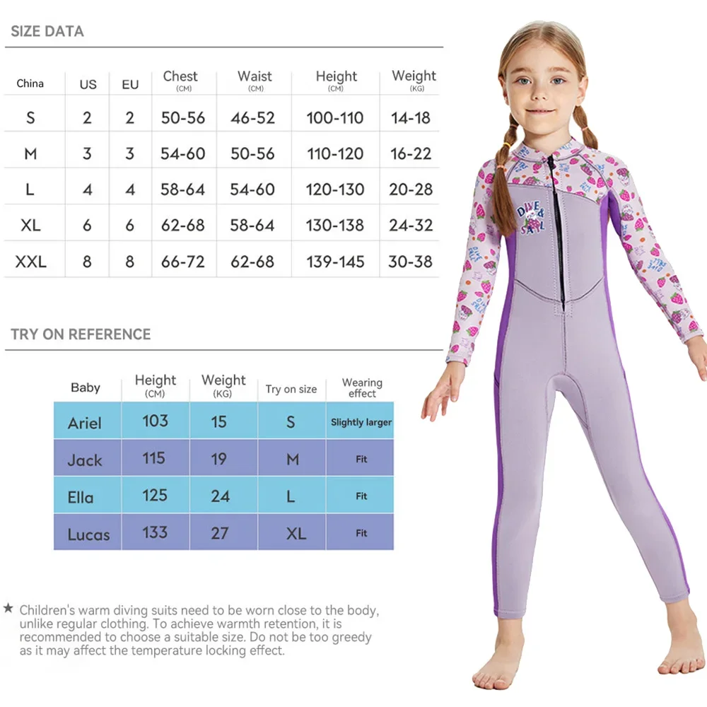 Children's 2.5mm Neoprene Wetsuit Girls One-piece Long Sleeves Swimsuit Cold Resistant Swimming Surfing Diving Snorkeling Suit