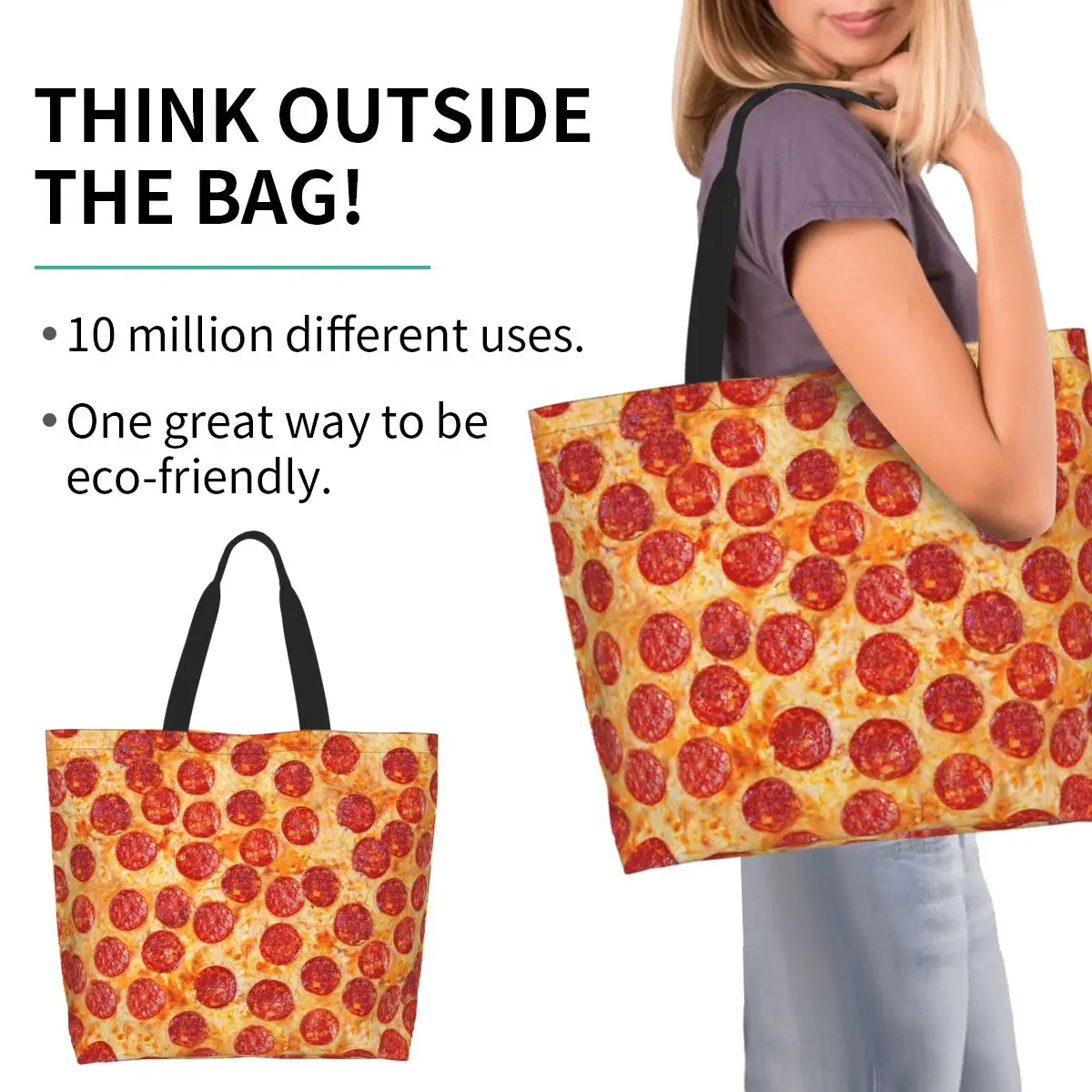 Realistic Pepperoni Pizza Pattern Shopping Tote Bag Canvas Large Capacity Shoulder Bags Shopper Grocery Handbag for Women