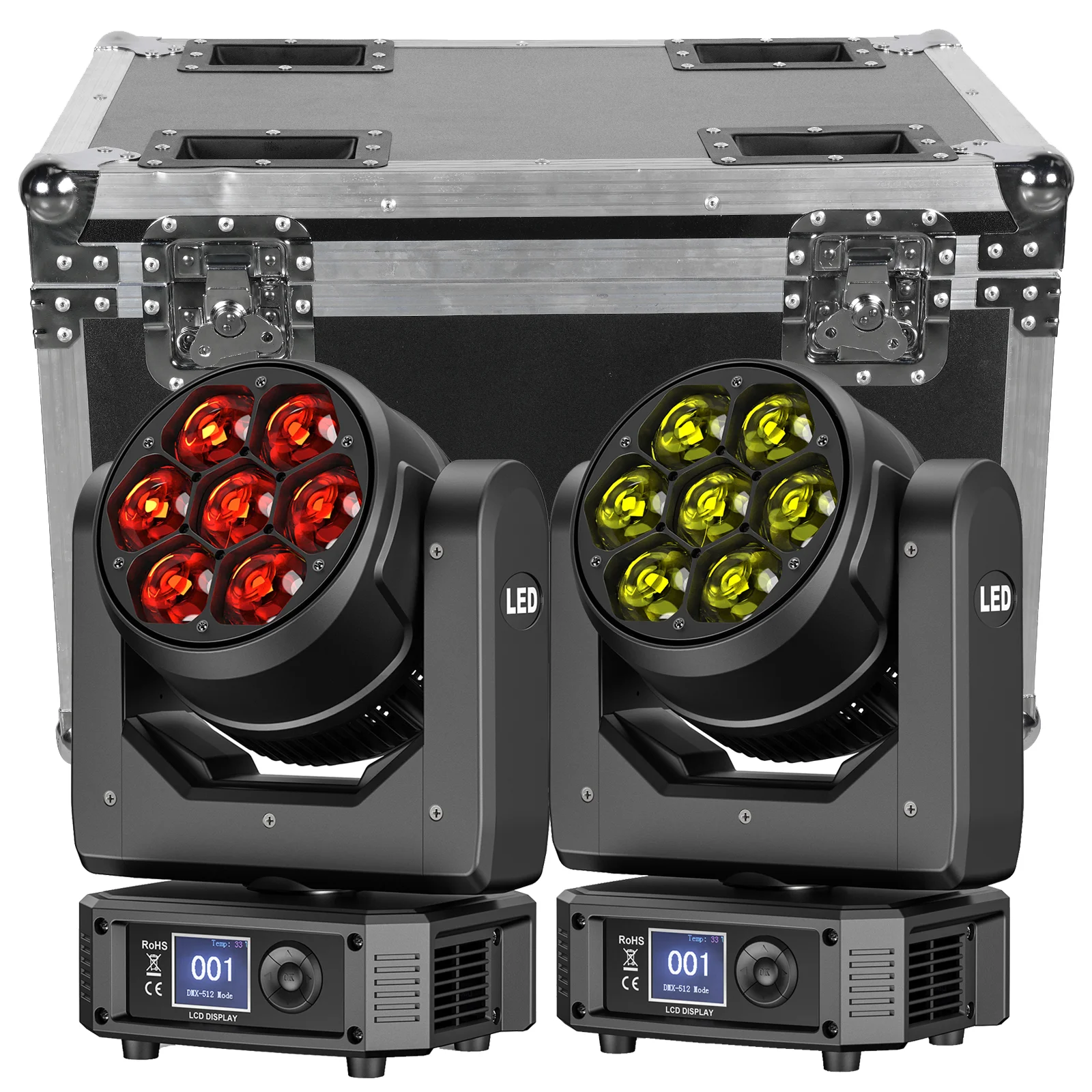 Yiflamefly 2er-Set 350W Bee-Eye Moving Head Lights mit 7x50W RGBW LEDs Bühnenbeleuchtung mit Koffer-Set für Hochzeiten, DJ-Partys, KTV, Bars und Shows