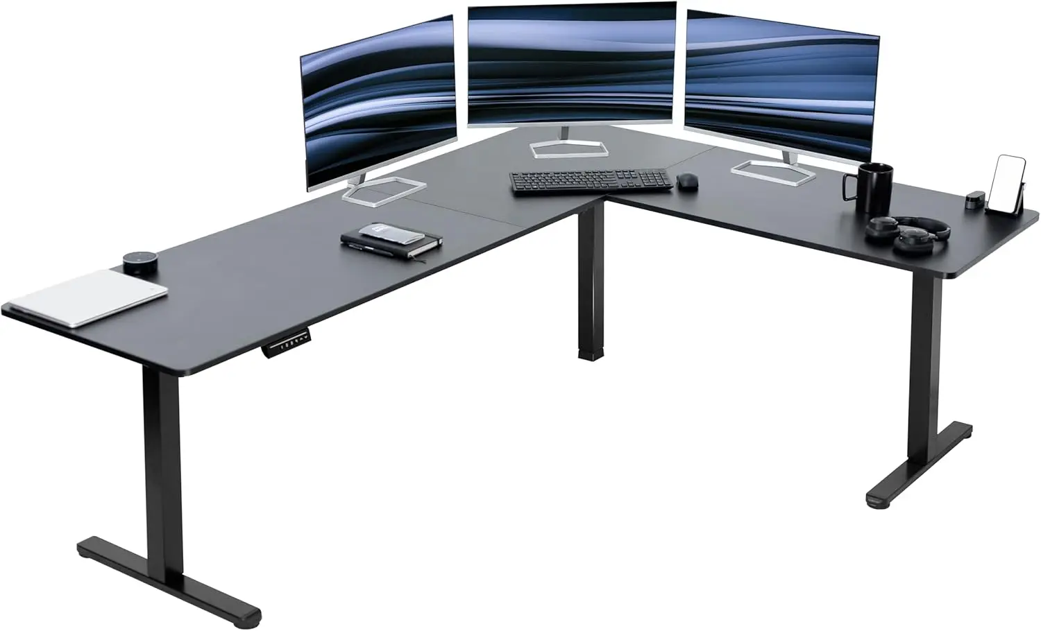 Power Angle L-shape 84 x 63 inch standing desk with adjustable height, memory controller, black top and black frame