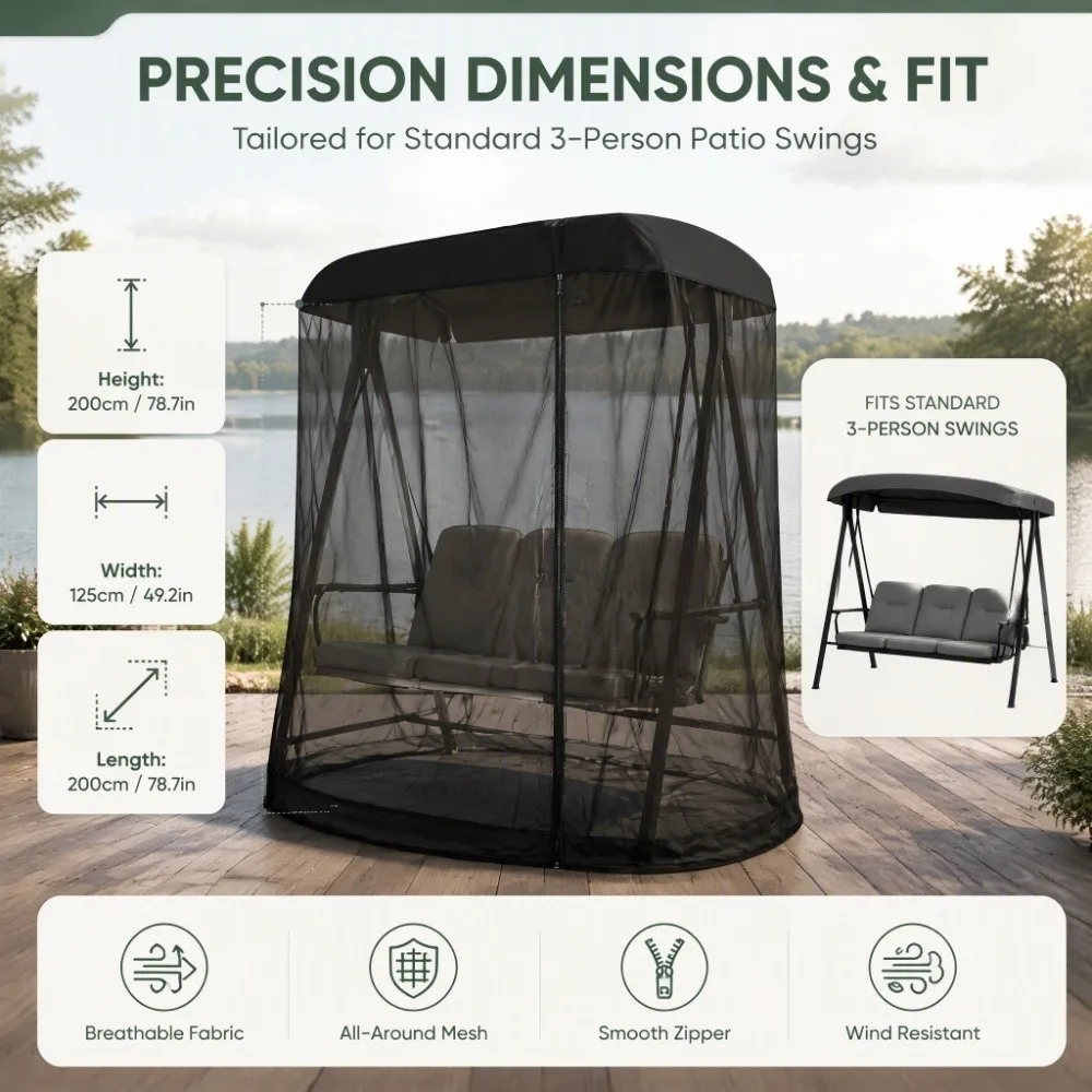 200x125x200cm Patio Swing Net Cover Steel Wire Frame Widened Bottom Design Mesh Net Tent Zipper Door High Density Mesh