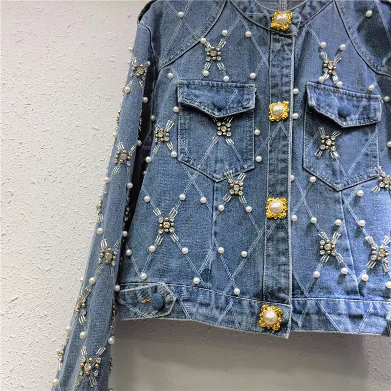 Fashion Diamond Pearl Denim Short Jackets Women's 2025 Spring and Autumn New Denim Coats Female Small Fragrant Chic Denim Jacket