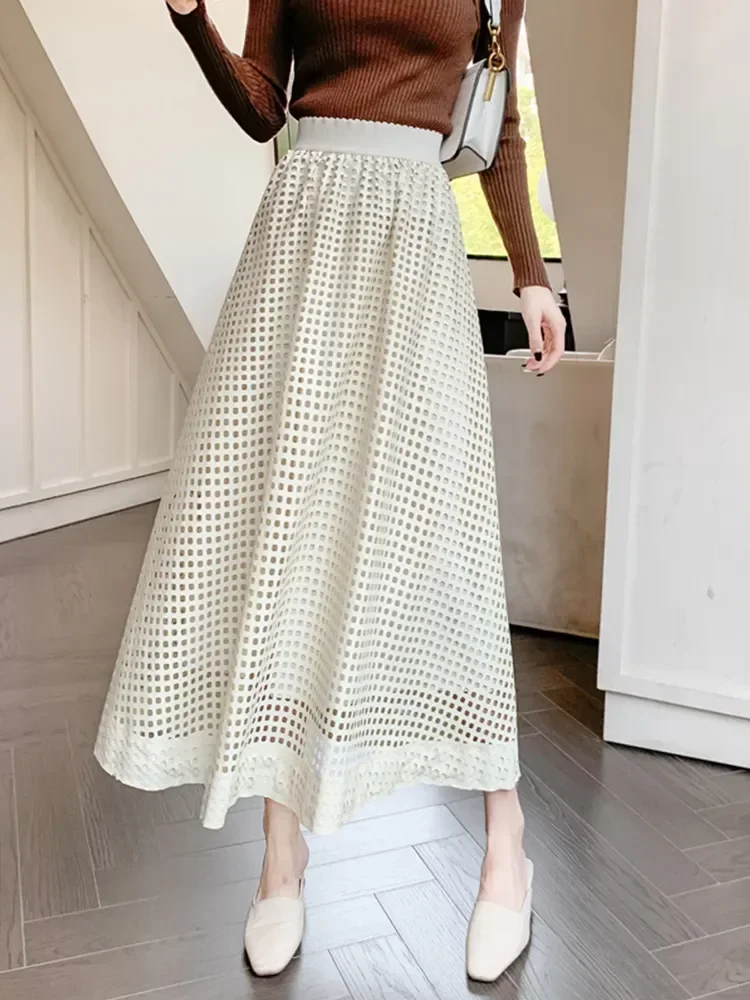 Kunstleer rok voor dames 2025, herfst winter, modieus, elegant, uitgehold, een lijn, hoge taille, lange PU-rok, vrouwelijk