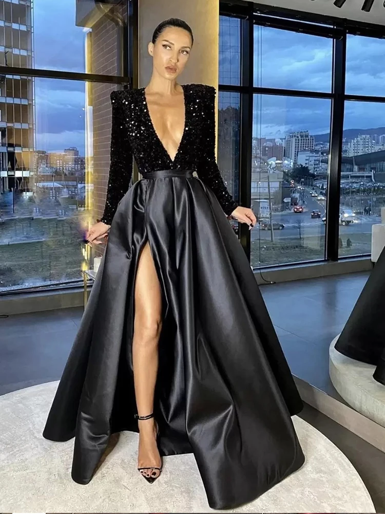 2024 Sequined Exquisite Evening Dresses Women Satin Deep V Neck A-Line Party Prom Gowns Elegant Sequins Pleat вечернее платье