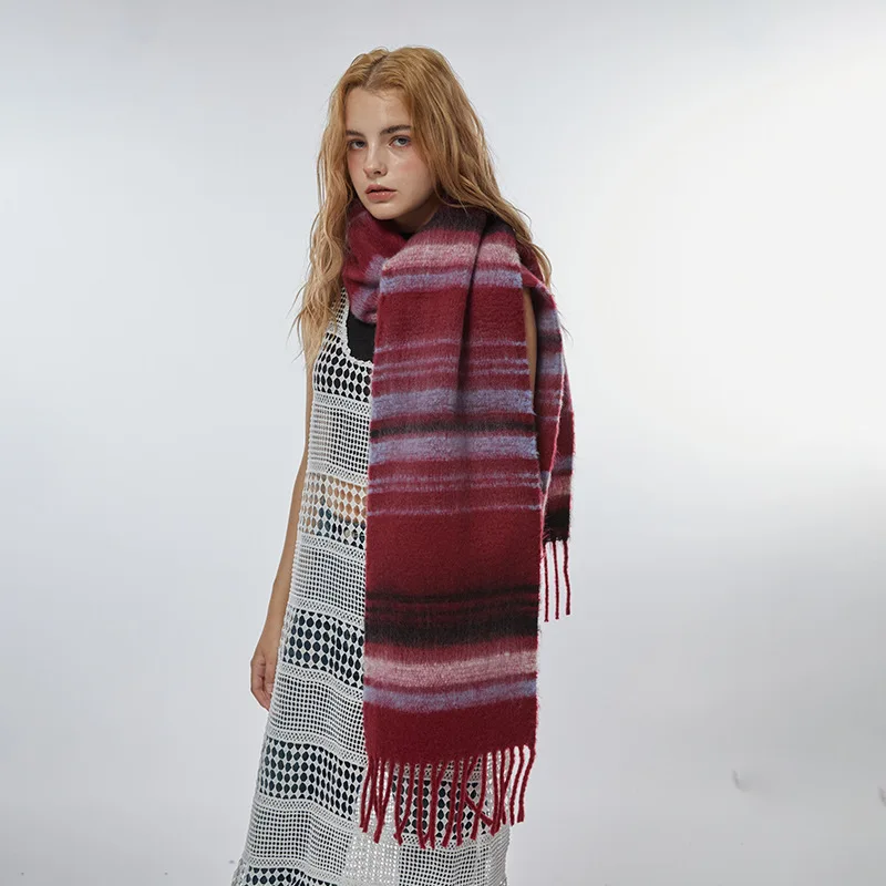 Зимний мягкий шарф USPOP в стиле ретро с бахромой и градиентными горизонтальными полосками, Толстые Длинные Теплые шарфы