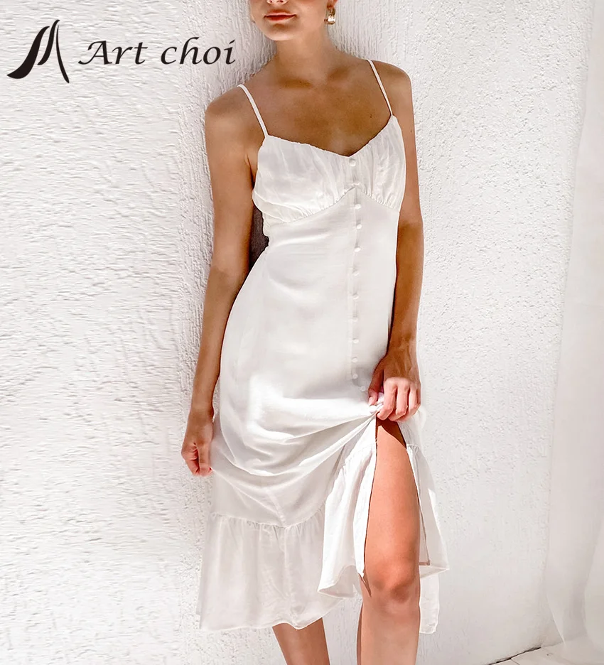 

2023 Summer Women's Ins Sexy White 100% Cotton Hemp Spliced Button Strap High Waist Versatile Pullover V-Neck A-line Dress