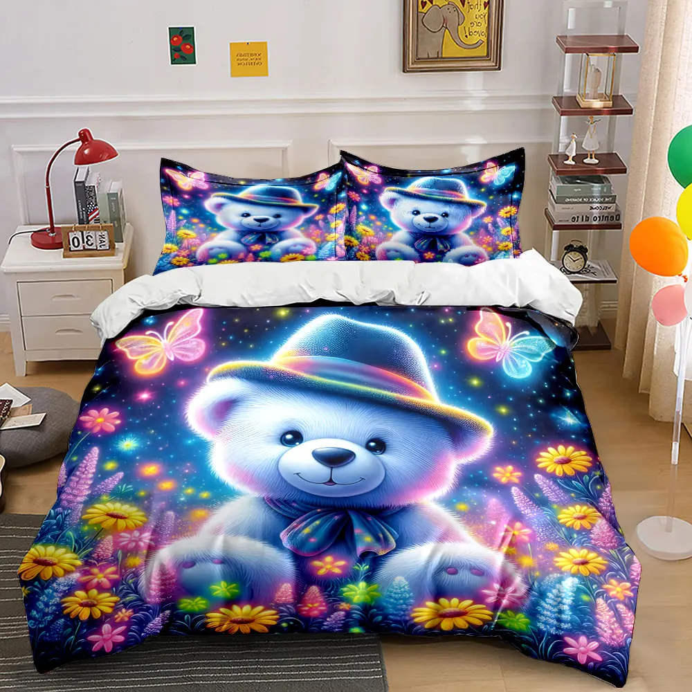 Cute Starry Scene with Colorful Flowers Printed Duvet Cover Set1 Duvet Cover+2 PillowcaseMulti Size Bedroom Bedding Decoration