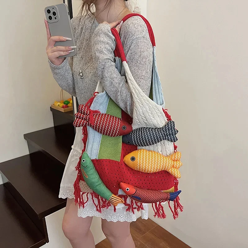 

Fashion Fish Tote Bag Lazy Style Knitted Bag For Women 2025 New Trendy Versatile Commuter Shoulder Bag Large Capacity Tote Bag