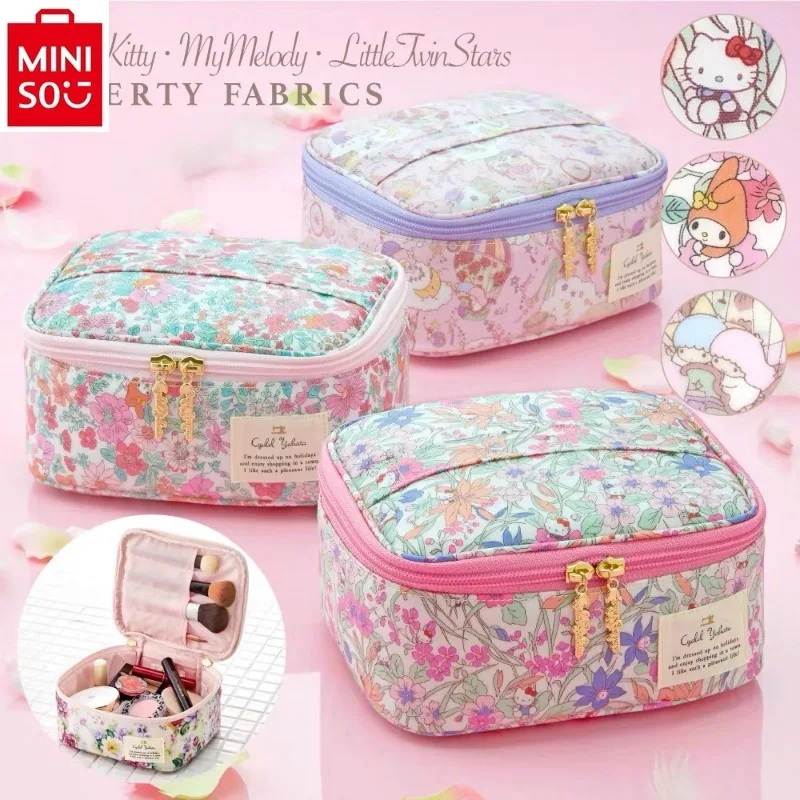 MINISO   Sanrio Hello Kitty Double Star Flower Zipper Storage Bag for Women's Sweet High Quality Multi functional Makeup Bag