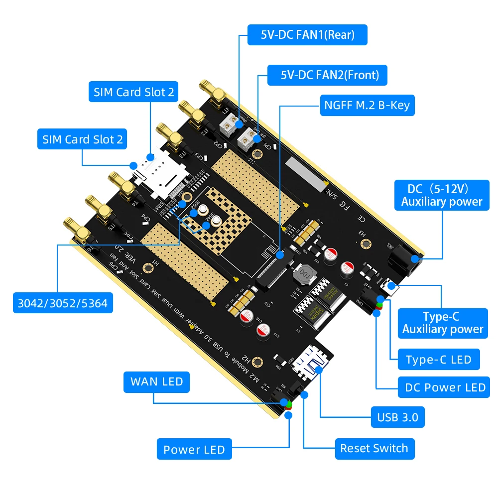 Imagem -02 - Módulo Ngff para Usb 3.0 Adaptador com Ventilador Duplo Cooler Slot para Cartão M.2 Potência Auxiliar 4g 5g