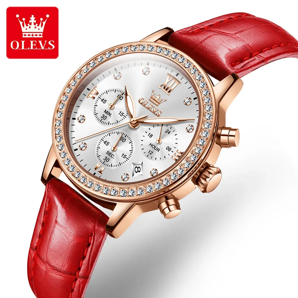 

OLEVS 9933 Fashion Quartz Women Wristwatch PU Strap Waterproof Complication Simple Diamond Watches for Women Chronograph