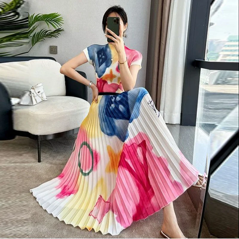 Summer Elegant Color Blocks Skirt Set Gradient Dye Tie Casual Stretch Top A-line Pleated Long Skirts Two-piece Clothing Set