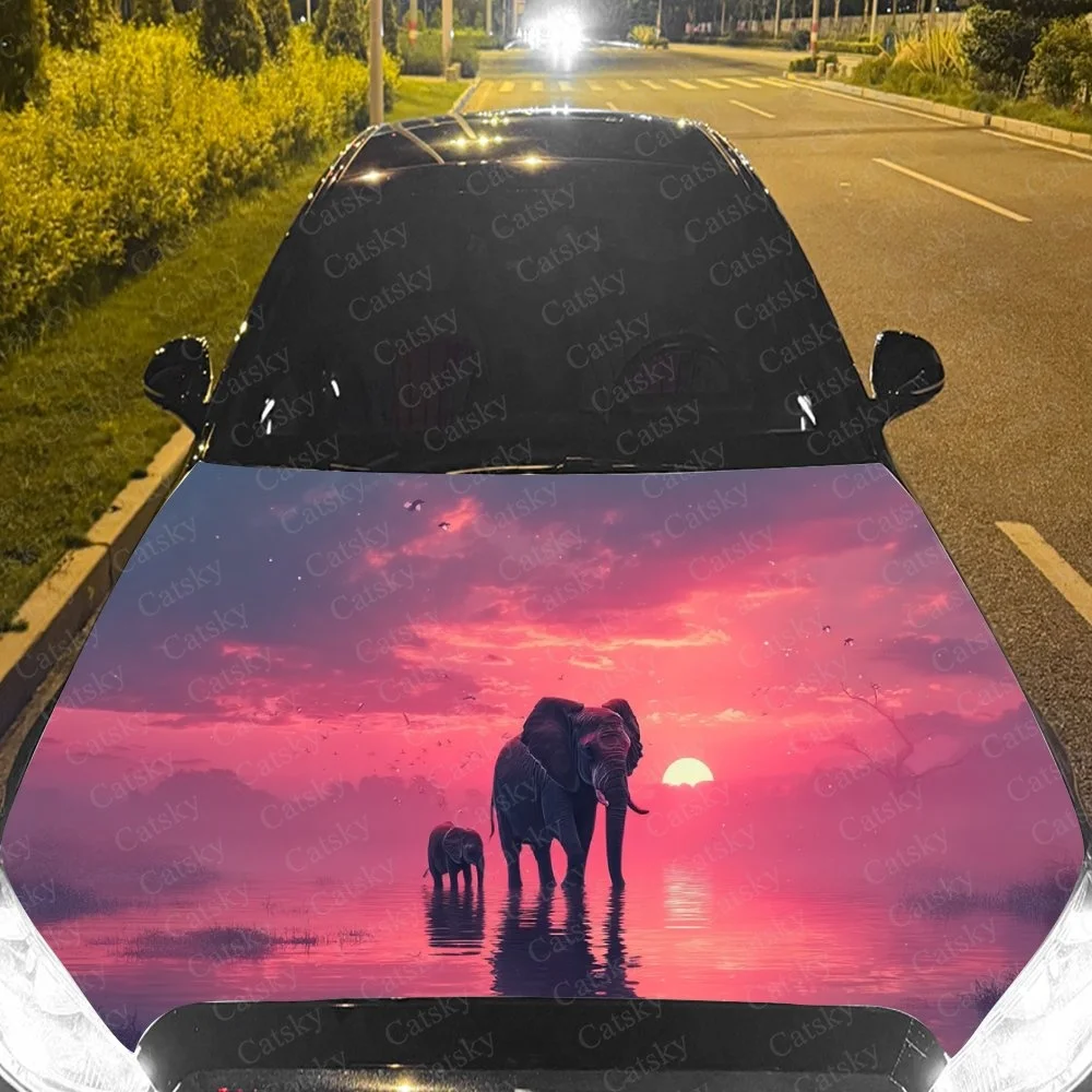 Car hood stickerElephant family at sunset, vivid pink sky reflected in water, serene wildlife scene on car hood.