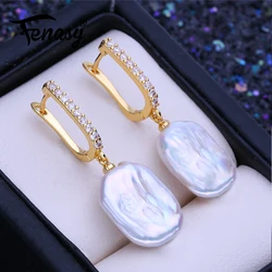 FENASY 925 Sterling Silver Jewelry 12-16mm Natural Freshwater Large Baroque Pearl Drop Earrings Fashion Gifts For Women