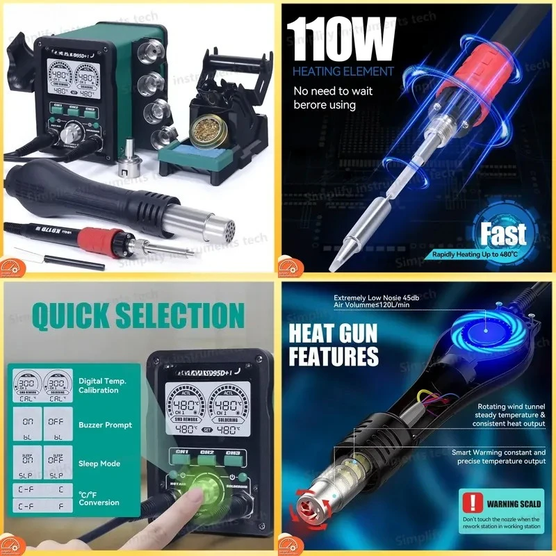 995D+I Hot Air Rework Station 110W Soldering Iron Station with Large Digital Display Adjustable Temperature Control Easy Plug