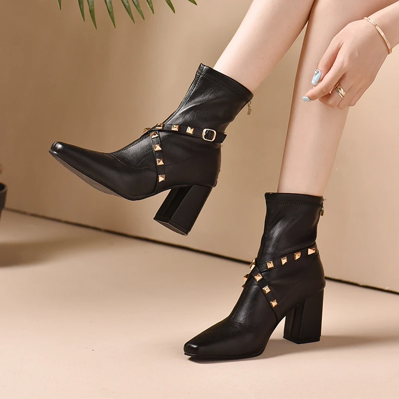 Shoes for Women 2023 New Rivet Design Female High Heel Shoes Winter Fashionable Square Toe Women's Ankle Boots Zapatos De Mujer