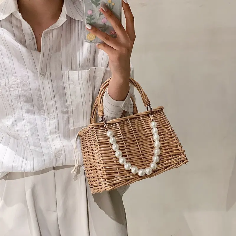 Women Straw Bags and Handbags Summer Rattan Handmade Tote Bags Ladies Ribbons Summer Beach Basket Bag Pearl Beads Travel Bag