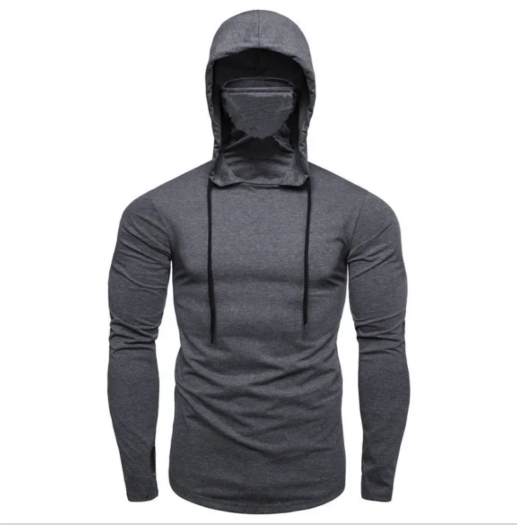 2024 Men Gym Thin Hoodie Long Sleeve Hoodies With Mask Sweatshirt Casual Splice Open-Forked Mask Hoodie Sweatshirt Hooded Tops