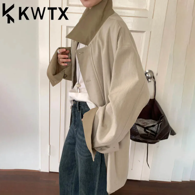 

KWTX 2025 женский повседневный плащ с цветными блоками, воротник-стойка на молнии, шнурок, поясные карманы, винтажный, высокое качество, осень-зима