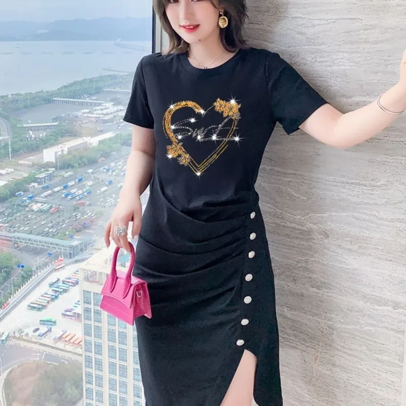 Women's Irregular Split Dress Elegant Summer 2022 Autumn New Loose Slimming Temperament Short Sleeves T Shirt Long Party Skirt