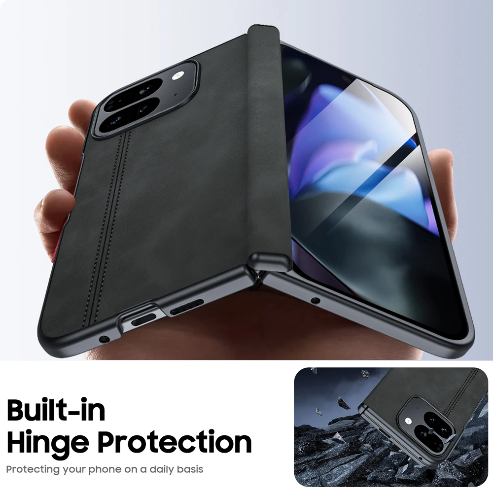 for Google Pixel 9 Pro Fold Phone Case, Sheepskin Texture Magnetic Hinge Protective Case, Integrated Protective Film
