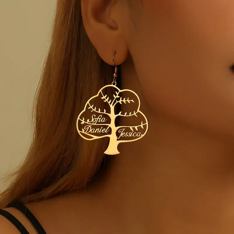 

Custom Multi Name Hanging Earrings For Women Fashion Stainless Steel Life Tree Name Hoop Earrings Mother's Day Jewelry Gifts