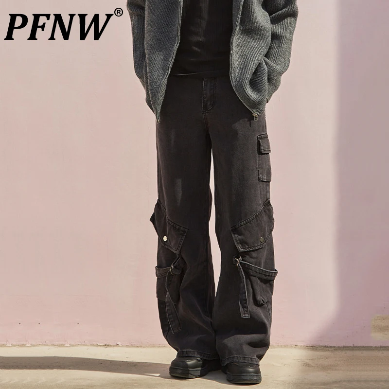 

PFNW Niche Style Men's Denim Pants Multi-pocket Overall Straight Wide Leg Functional Male Loose Trousers Autumn 2024 12C494