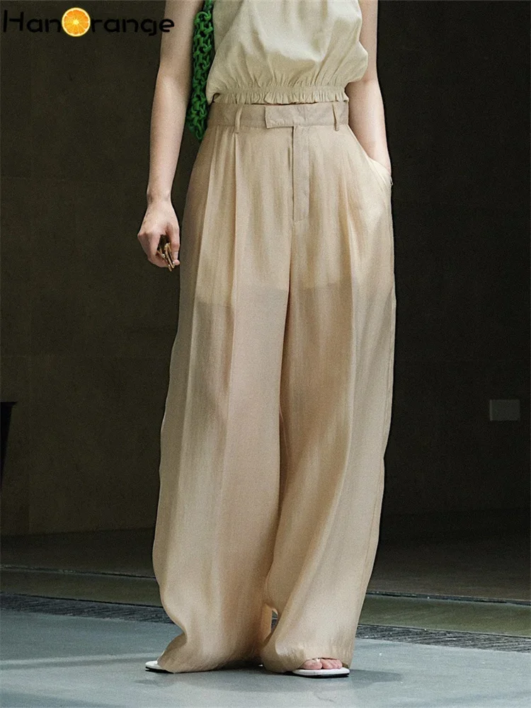 HanOrange 2026 Summer Slightly Transparent Glossy Casual Pants Women High Waist Wide Leg Loose Thin Sunscreen Mopping Trousers