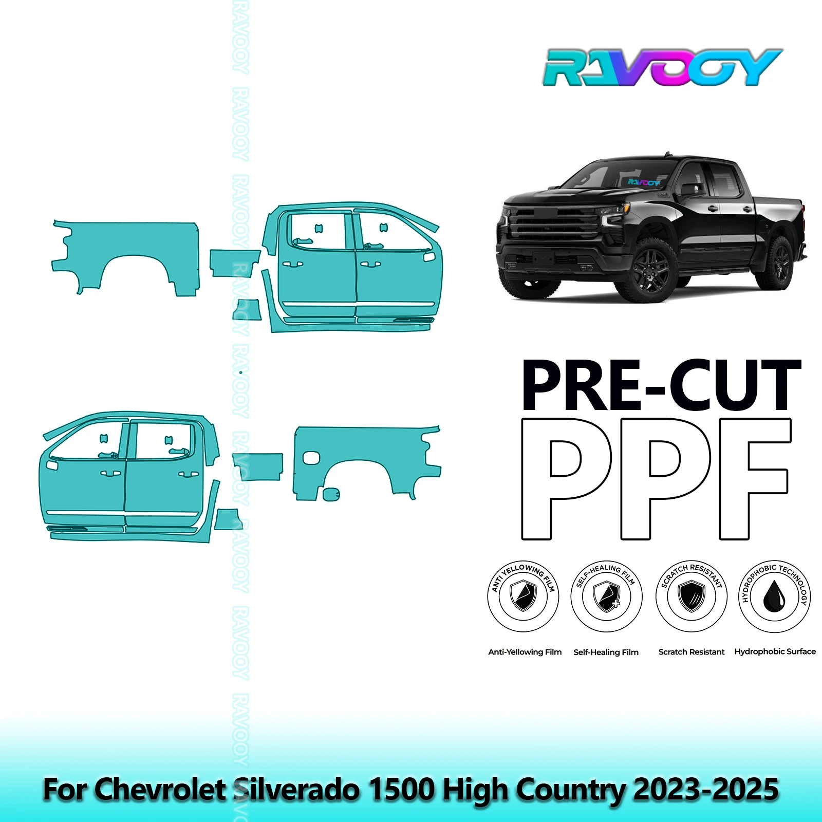 

For Chevrolet Silverado 1500 High Country 2023-2025 8.5mil Pre-Cut PPF Door & A/B Pillar Kit TPU Paint Protection Film Set