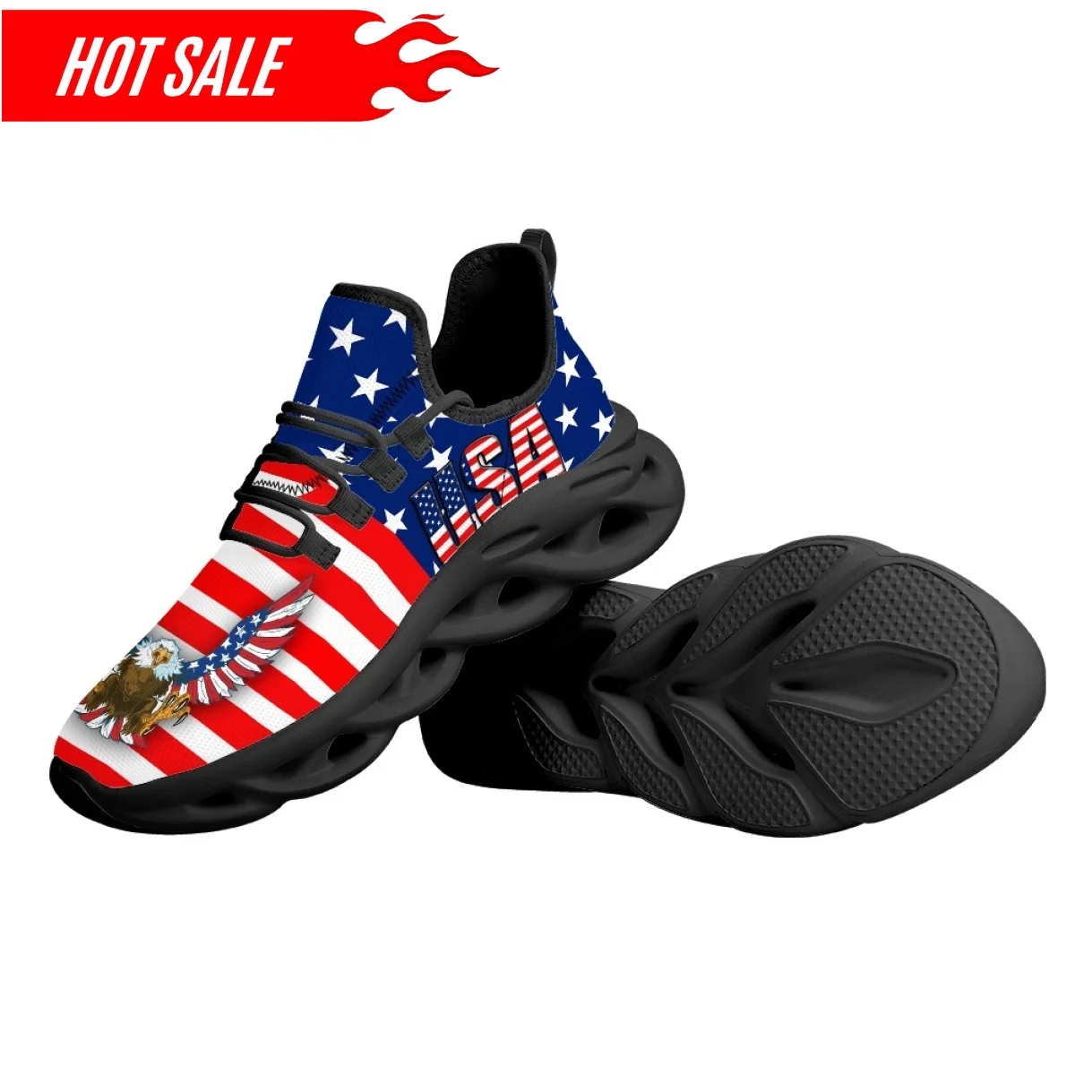 Summer Lace-up Air Cushion Sneakers American Eagle USA Flag Print Mesh Running Shoes for Womens Mens Round Toe Flats