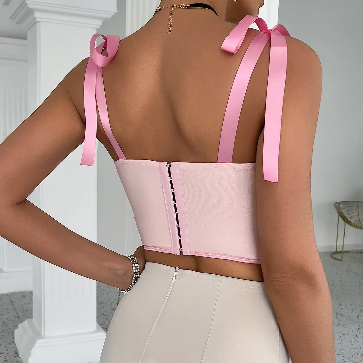 2024 New Fashion Bandage Camisoles Women Sexy Lace-up Corset Female Backless Tunics Crop Tops Night Club Streetwear Pink Apricot