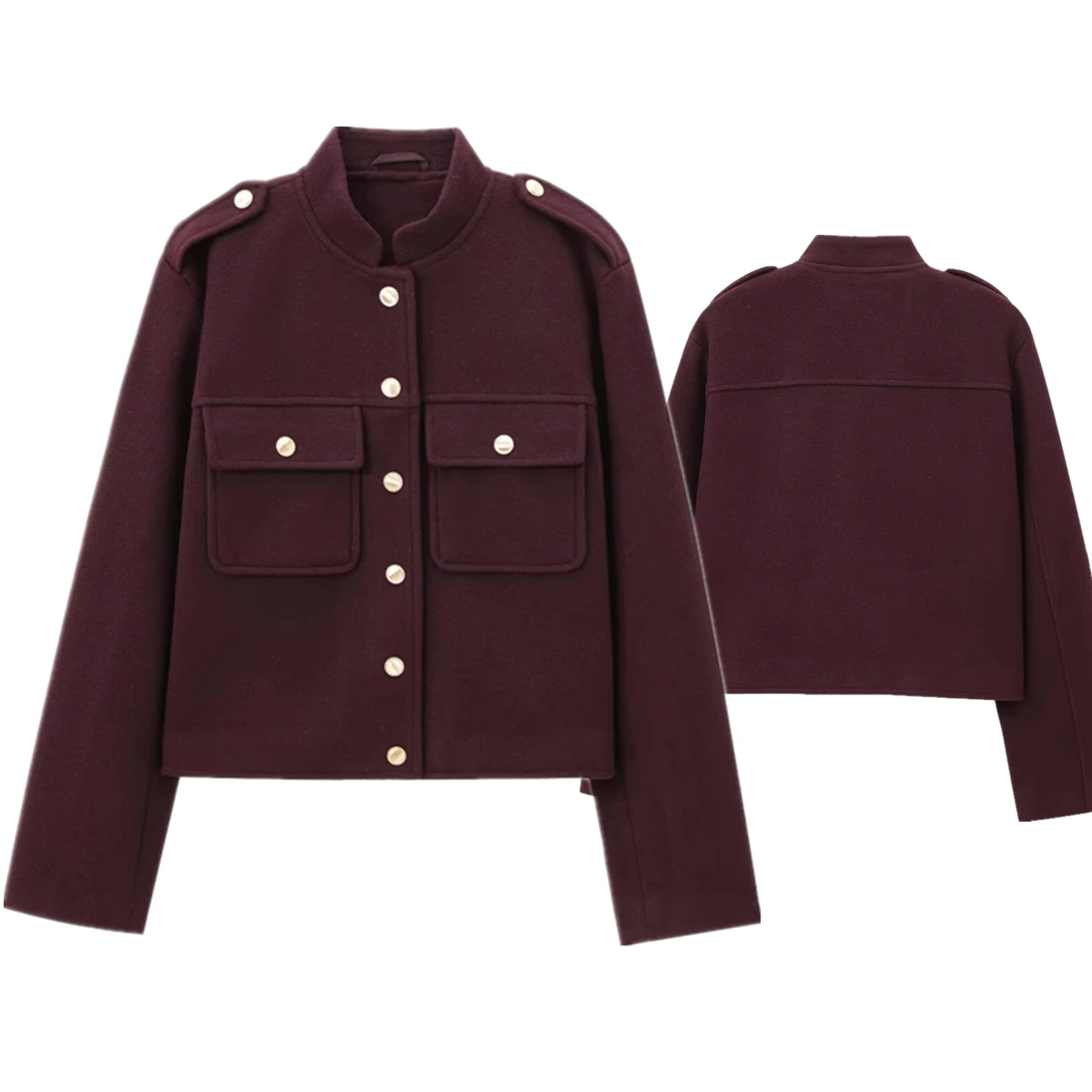 

Withered Minimalist Gold Button Burgundy Woolen Jacket British Retro Shoulder Patch Fashion Jacket Winter Coat Women