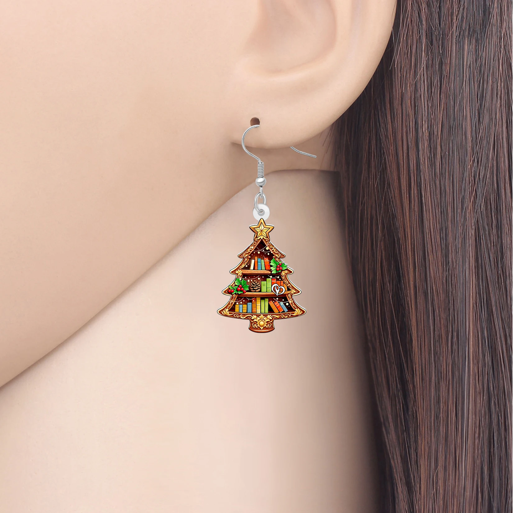 BONSNY Acrylic Christmas Tree Bookcase Dangle Earrings Xmas Bookshelf Bookish Gifts Winter Holiday Jewelry For Women Girls Charm