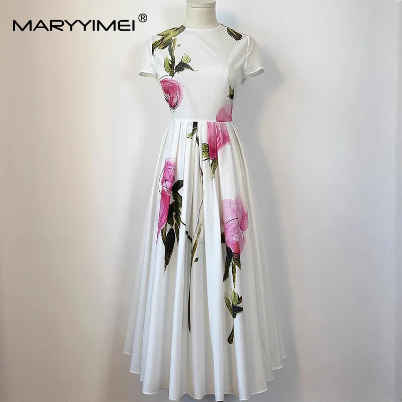 

MARYYIMEI Fashion design Women's Casual Dress Long Short Sleeve Floral-Print Pleated Dresses Spring Summer 2025 New