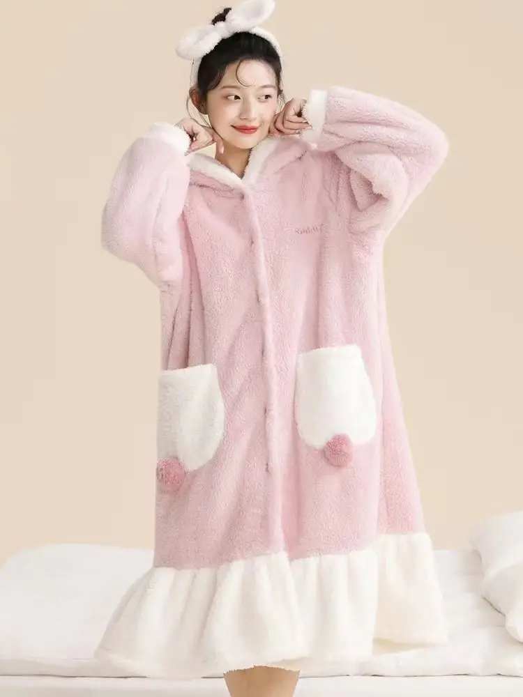 Sweet Cute Pink Bunny Coral Fleece Plush Hooded Nightgown, Cute Rabbit Ears Nightdress For Women Winter Sleepwear Home Clothes