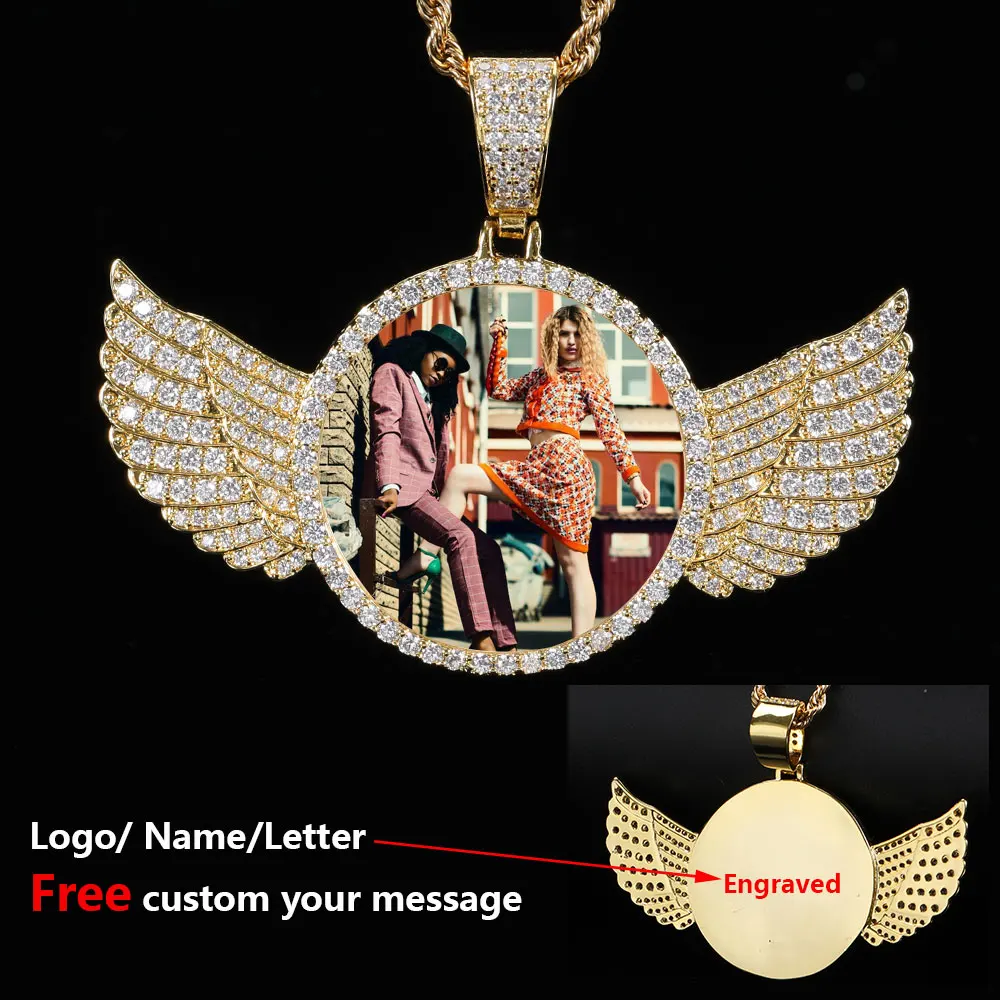 Dropshipping Hip Hop Personalized Pendant Bling CZ Memorial Picture Necklace Photo Custom Angel Free Engrave Wing Pendants