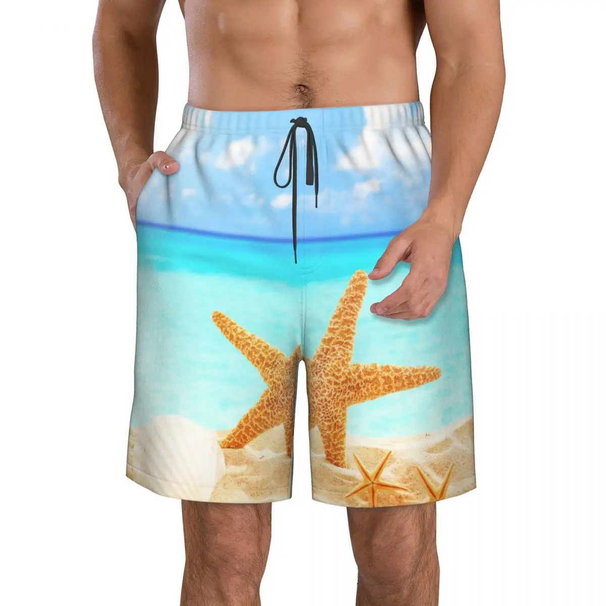 Men Beach Short Quick-drying Swimming Trunk Starfish And Shells On Sandy Beach Swimwear Swimsuit Bathing Shorts