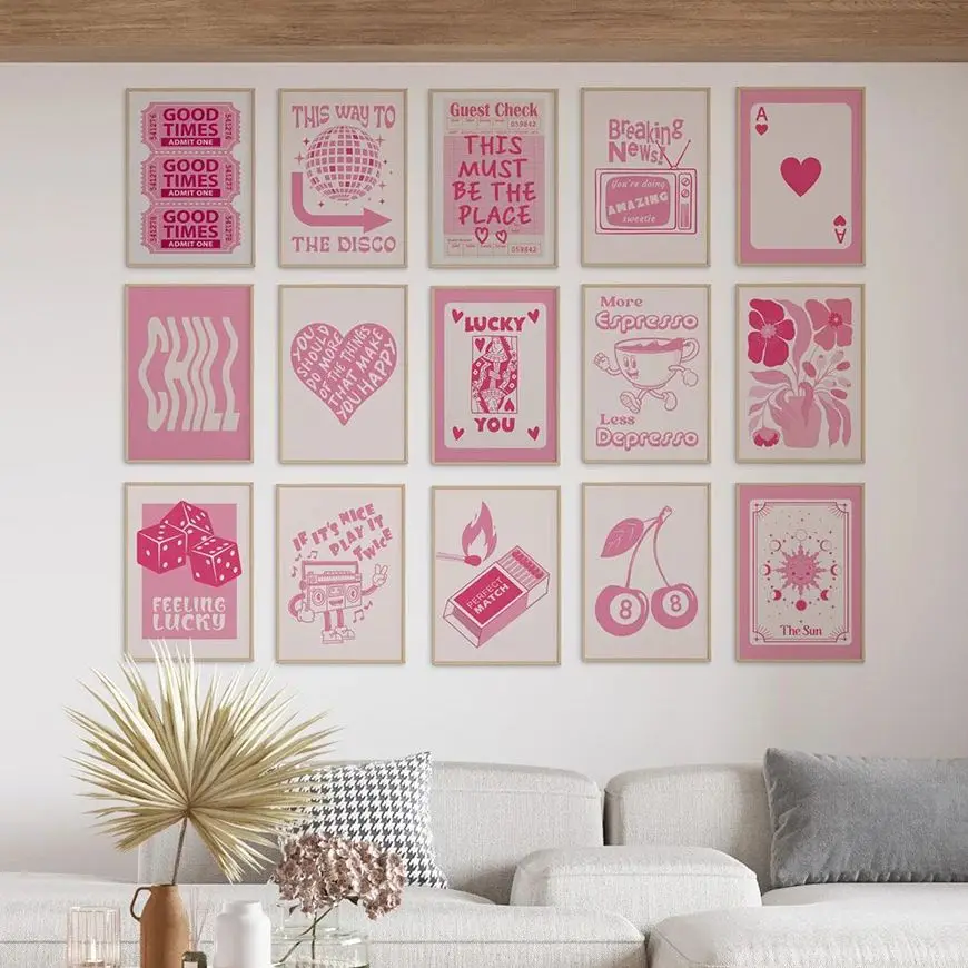 Retro Trendy Wall Art Guest Check Prints Lucky You Poster Blush Light Pink Preppy Room Decor Apartment Aesthetic Funny Y2k Do