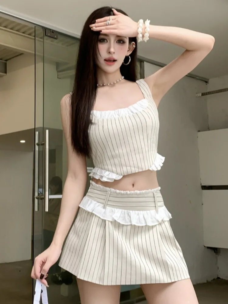 Vacation Style Retro Striped Plaid Wooden  Splicing Strap Vest Women Summer Slimming Short Skirt Pants Two Piece Set