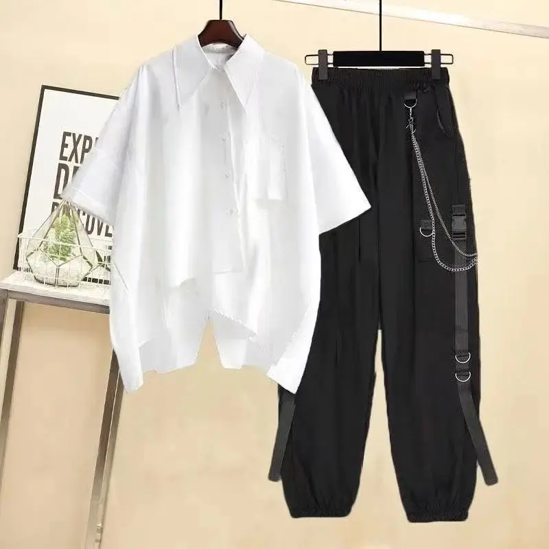 2023 Summer Men's and Women's Suit Korean Version Loose Patchwork Shirt+handsome Overalls Two-piece Suit Ins Trend