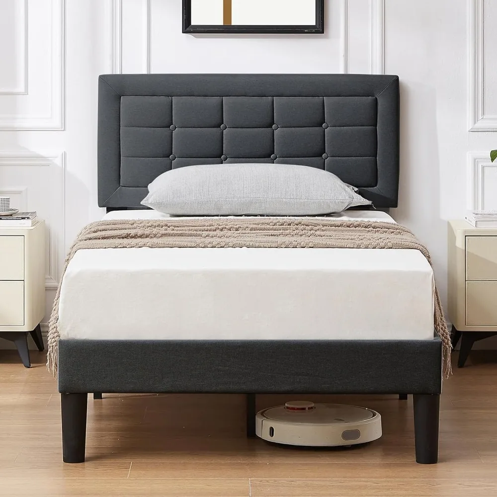 

Twin Upholstered Bed Frame,Adjustable Fabric Headboard,Mattress Base,No Spring Mattress Required,Heavy Duty Platform Bed Frame