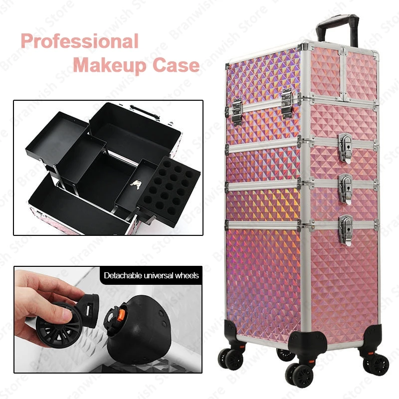 Professional Beauty Makeup Train Case Travel Trolley Cosmetic Case For Nail Manicure Portable Makeup Organizer Makeup Carrier