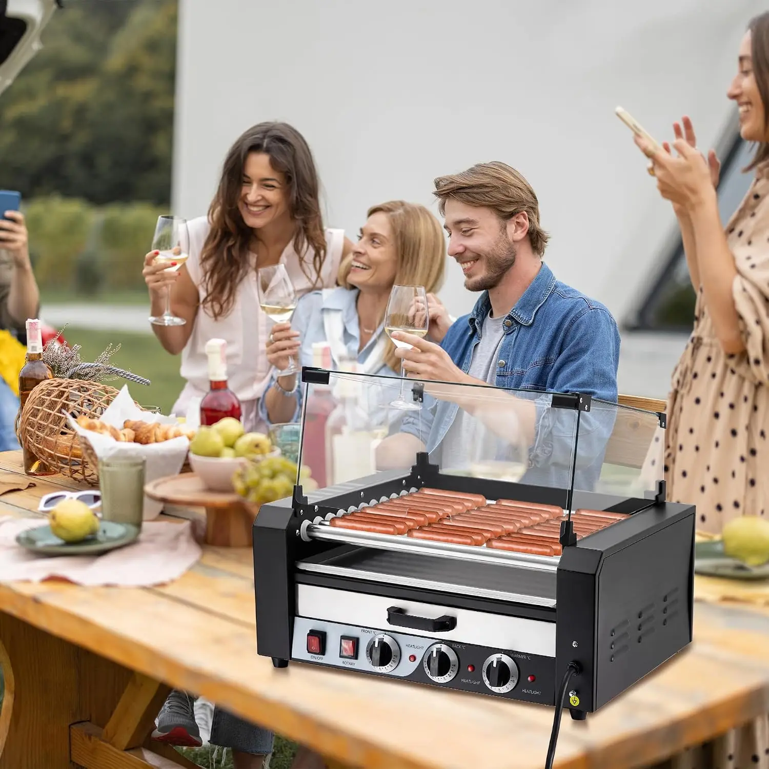 TWISTER.CK 1950W Commercial Hot Dog Roller – 11-Roller, 30 Hot Dog Capacity, Stainless Steel Sausage Grill with Removable Oil Drip Tray, Dual Temperature Control & Glass Hood, for Parties & Restaurants